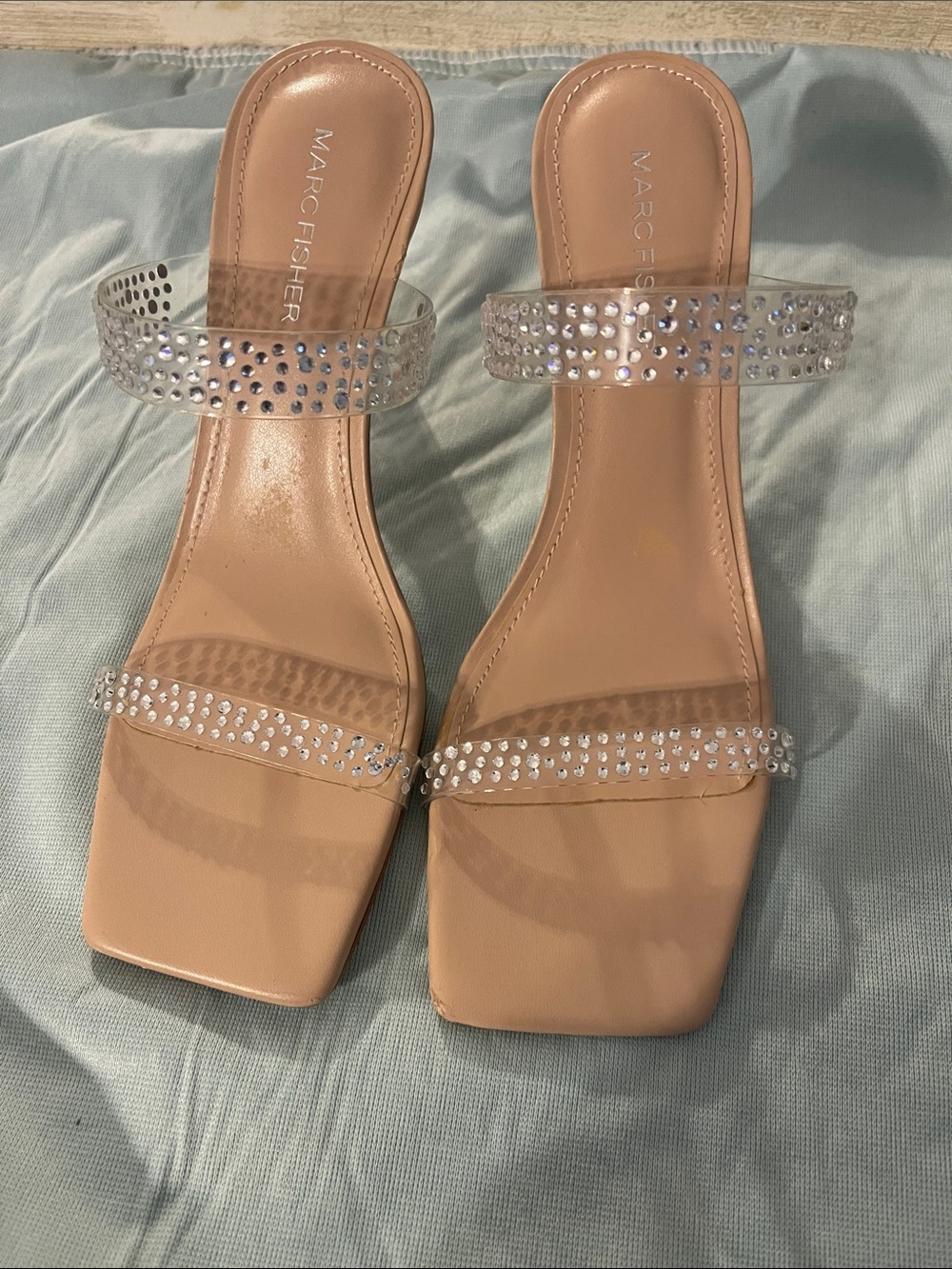 Marc Fisher Nude Clear-Strap Heeled Sandals with Rhinestones